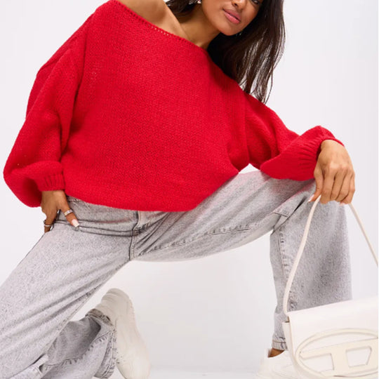 Damen Schulterfreier Mohair‑Optik Oversize-Pullover mit überschnittener Passform und kurzem Saum Shop Nory
