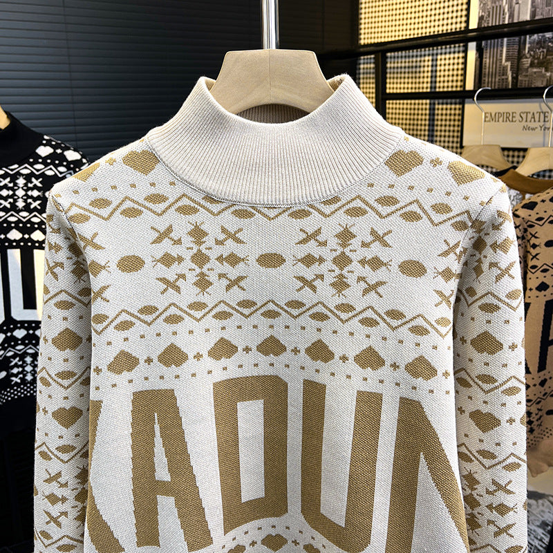 Herren Rollkragenpullover mit Norweger-Jacquard und großflächigem Logoprint Shop Nory