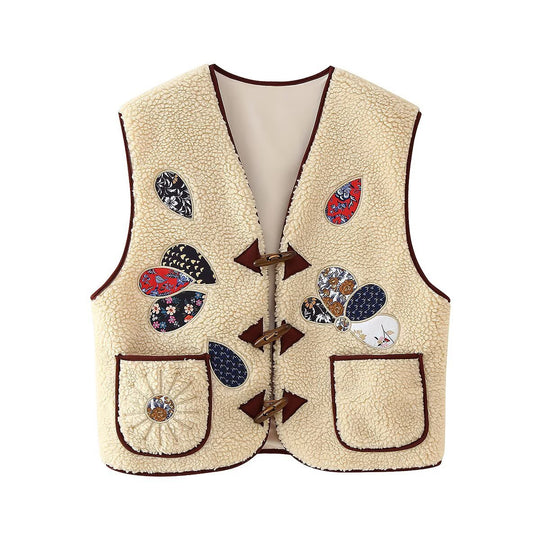 Damen Gefütterte Teddyweste mit Patchwork-Applikationen und Knebelverschlüssen Shop Nory