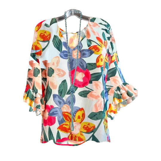 Damen Bluse mit floralem Muster und Rüschendetails