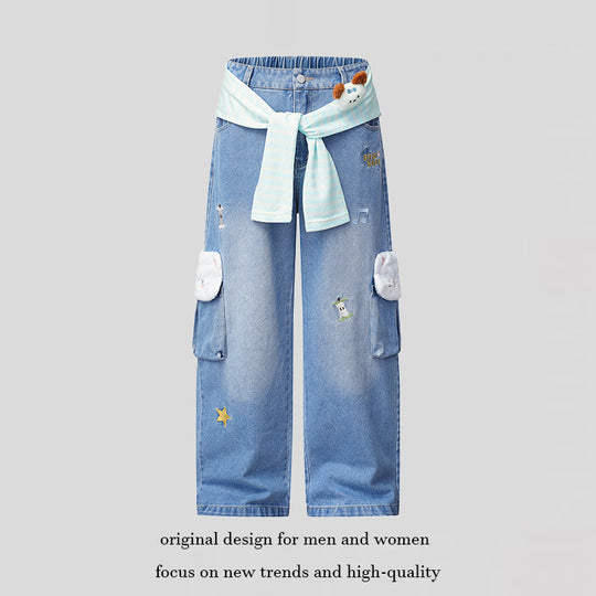 Damen Weiter Cargo-Jeans mit Plüschtaschen, Stickereien und elastischem Bund Shop Nory