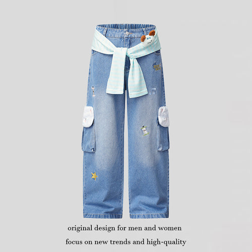 Damen Weiter Cargo-Jeans mit Plüschtaschen, Stickereien und elastischem Bund Shop Nory