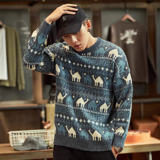 Herren Strickpullover mit Kamel-Jacquardmuster und geripptem Saum Shop Nory