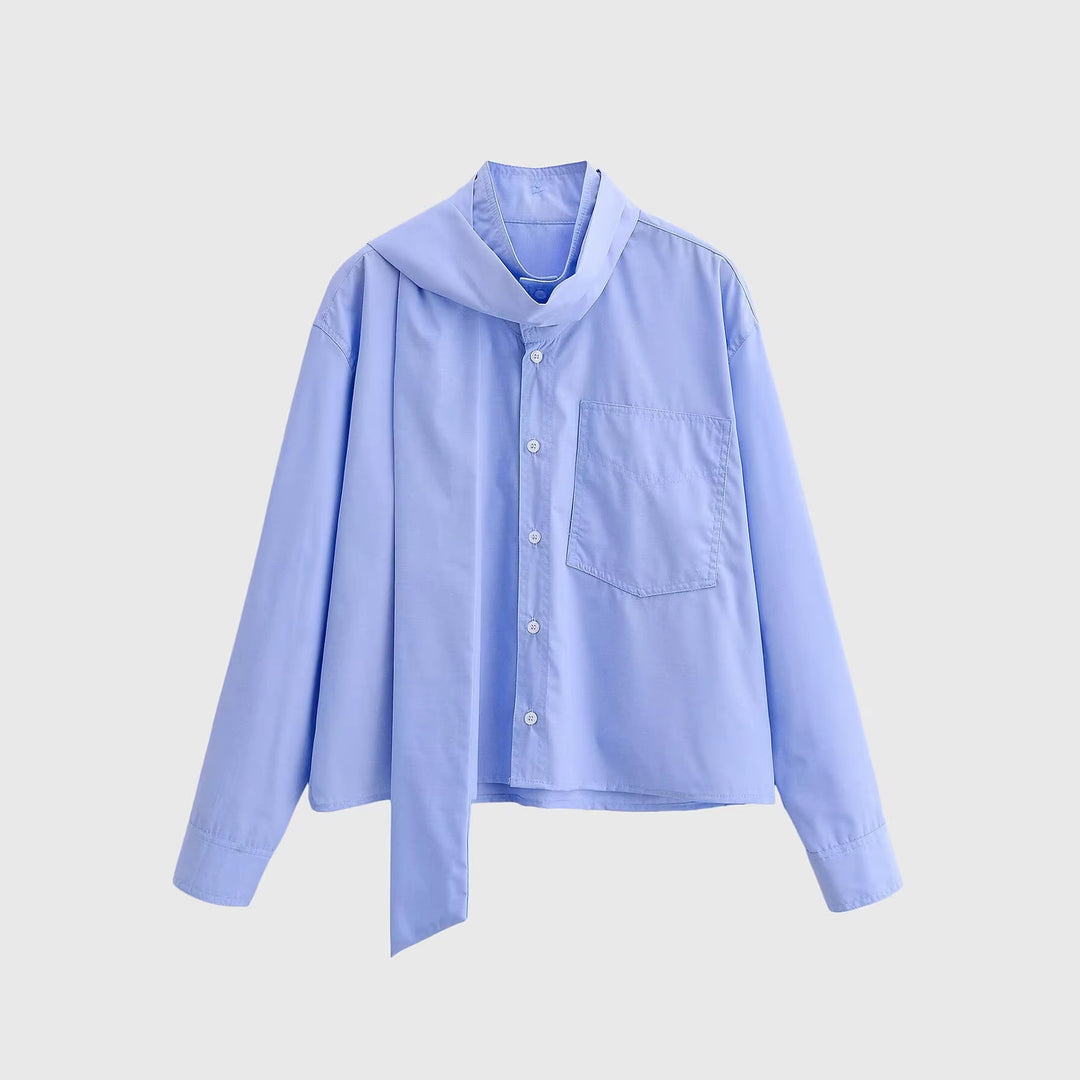 Damen Oversize‑Hemdbluse mit integriertem Halstuch‑Schal und aufgesetzter Brusttasche Shop Nory