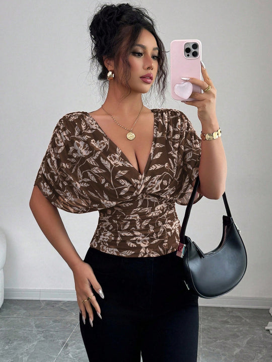 Damen Figurbetonte Wickelbluse mit tiefem V-Ausschnitt, geraffter Taille und Kimonoärmeln Shop Nory