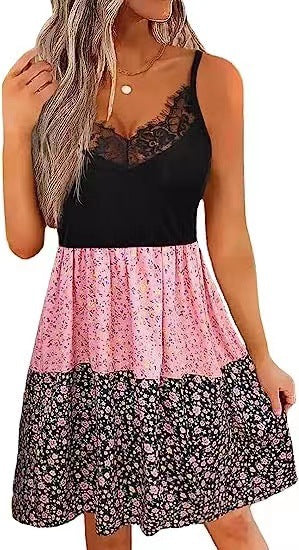 Damen Blumenkleid mit Spitzenoberteil und gefächertem Rock