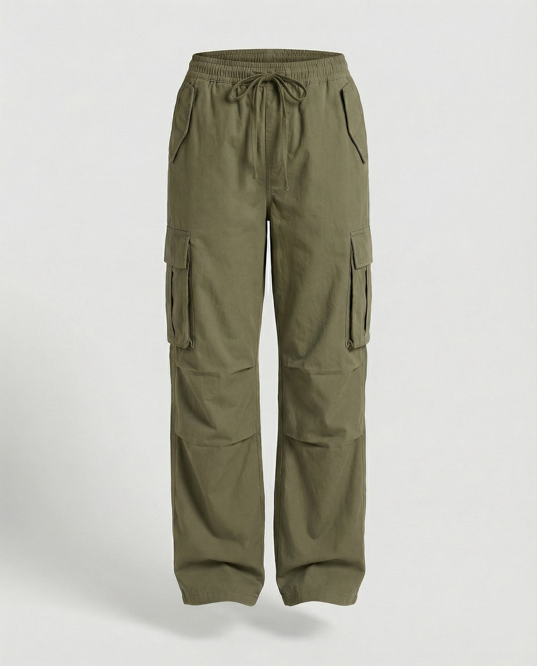Damen weite Cargo-Hose im Retro-Utility-Stil mit hochgeschnittenem Bund Tunnelzug Mehrfachklappentaschen und verstellbaren Seitenschlaufen