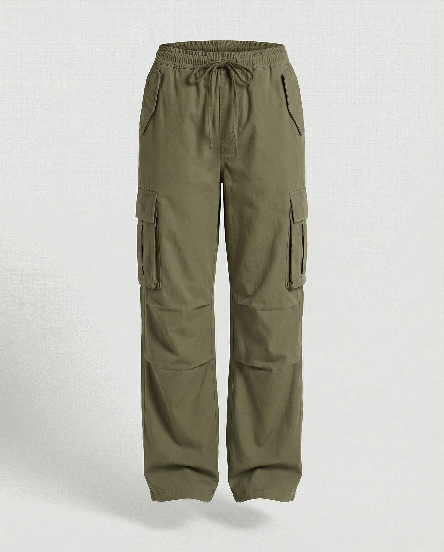 Damen weite Cargo-Hose im Retro-Utility-Stil mit hochgeschnittenem Bund Tunnelzug Mehrfachklappentaschen und verstellbaren Seitenschlaufen