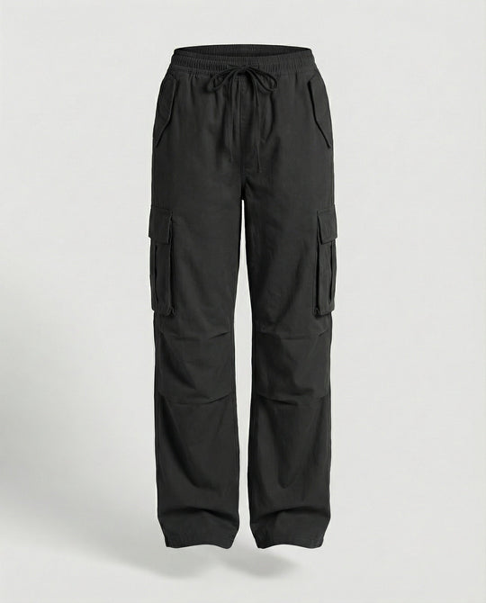 Damen weite Cargo-Hose im Retro-Utility-Stil mit hochgeschnittenem Bund Tunnelzug Mehrfachklappentaschen und verstellbaren Seitenschlaufen