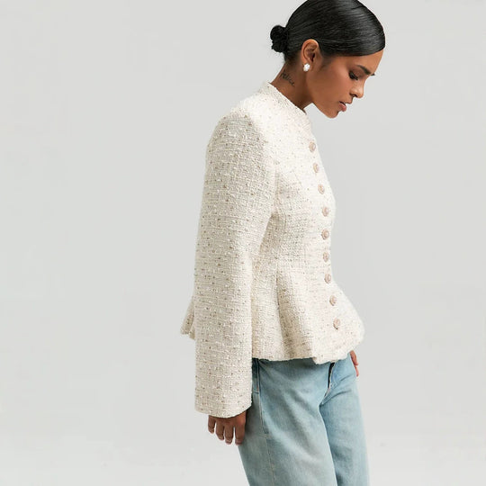 Damen Bouclé-Blazer mit Stehkragen und taillierter Schößchen-Silhouette Shop Nory