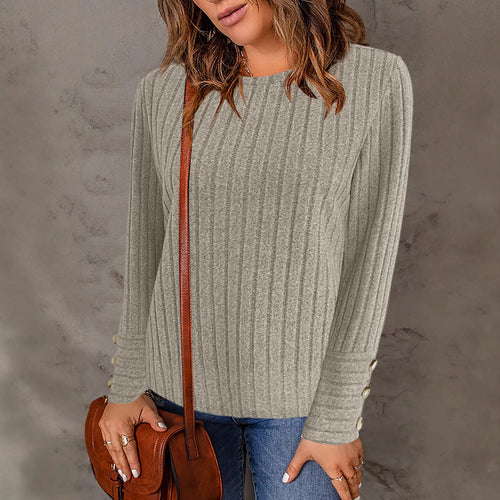 Damen Gerippter Feinstrick-Pullover mit Rundhals und Perlmuttknopf‑Manschetten Shop Nory