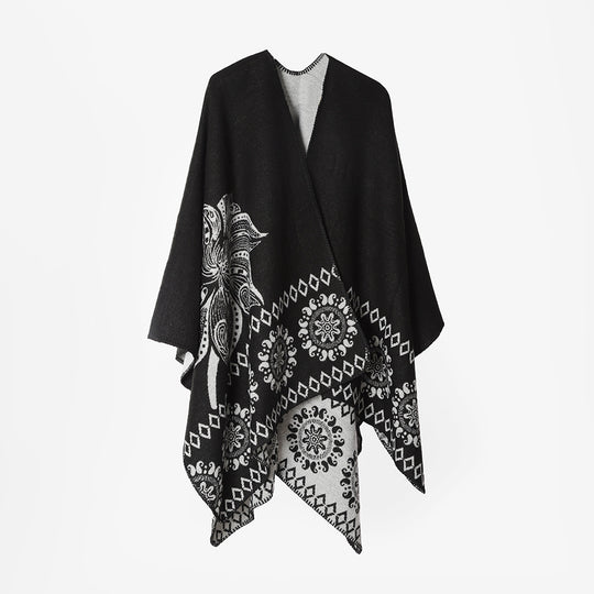 Damen Poncho‑Cape mit zweifarbiger Webstruktur, floralem Medaillon‑Jacquard und offener Front Shop Nory