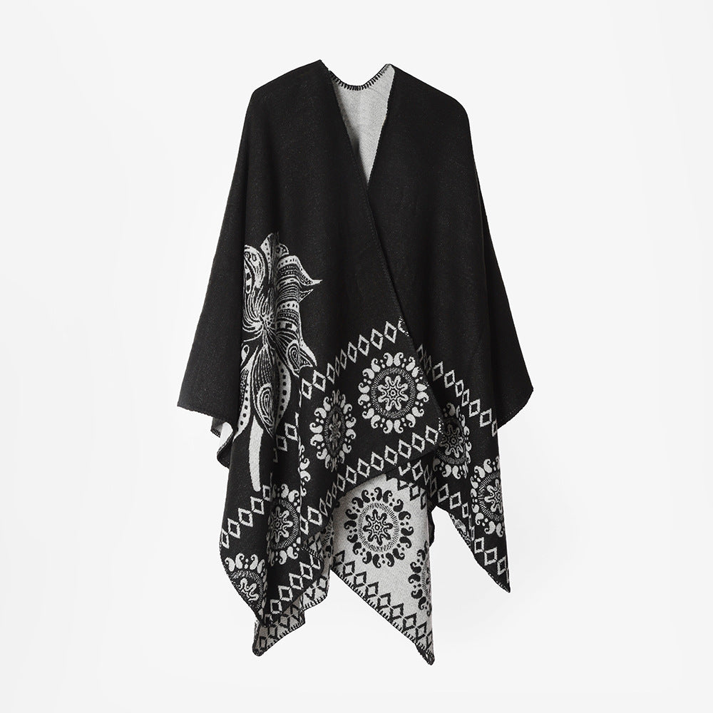 Damen Reversibler Muster-Capeponcho aus Wollmix mit floralen Medaillon-Details Shop Nory
