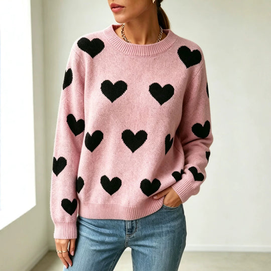 Damen Herz-Intarsien Rundhalspullover mit lässiger Oversize-Passform Shop Nory