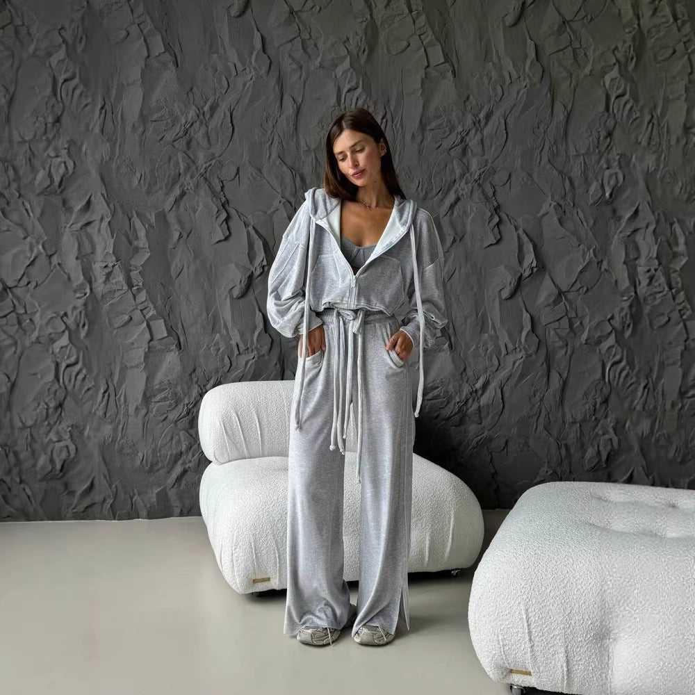 Damen Cropped Kapuzenjacke mit Kordelzug und weitem Split-Hose Lounge-Set Shop Nory