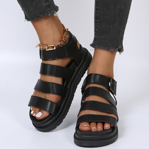 Damen Plateausandalen mit vier Riemen und verstellbarer Metallschnalle Shop Nory