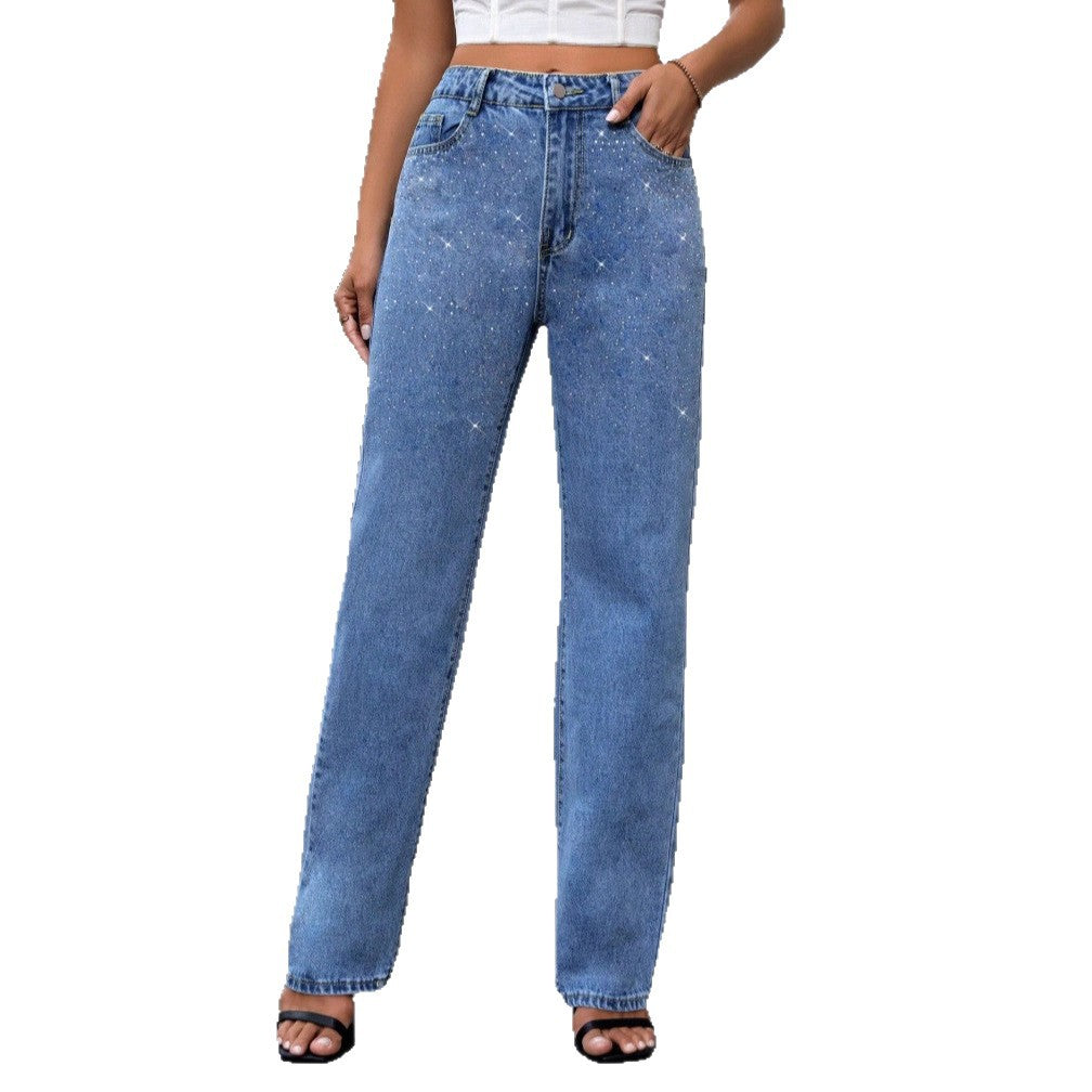 Damen High-Waist Wide-Leg Denim-Jeans mit funkelndem Perlen-Scatter und geradem Bein Shop Nory