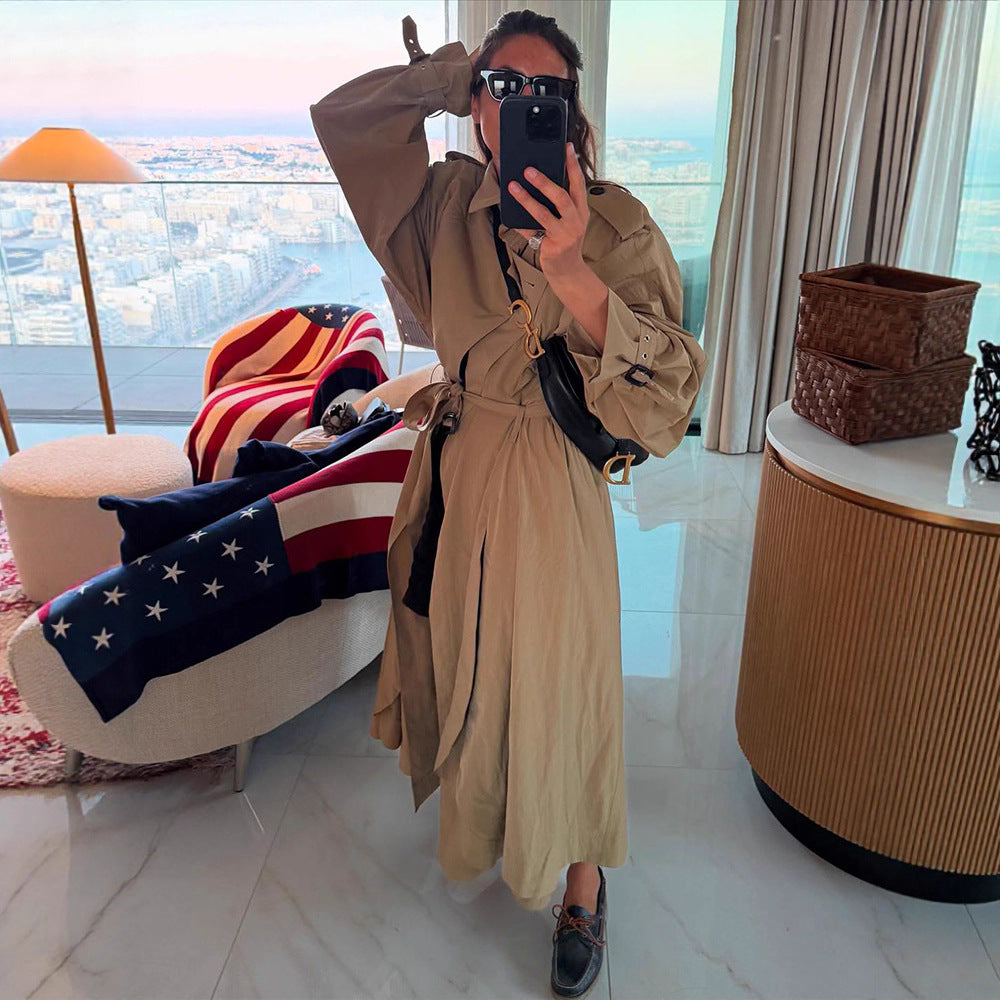 Damen Oversize-Trenchcoat mit voluminösen Ballonärmeln, Kordelzug und abnehmbarer Kapuze Shop Nory