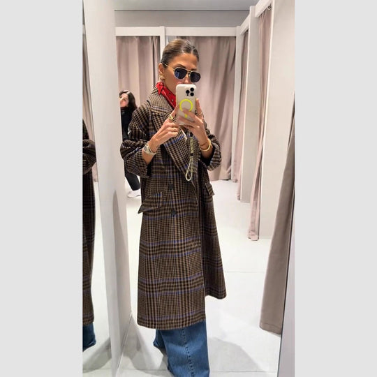 Damen Maxilanger Oversize-Doppelreihiger Mantel mit betonter Schulter und Pattentaschen Shop Nory