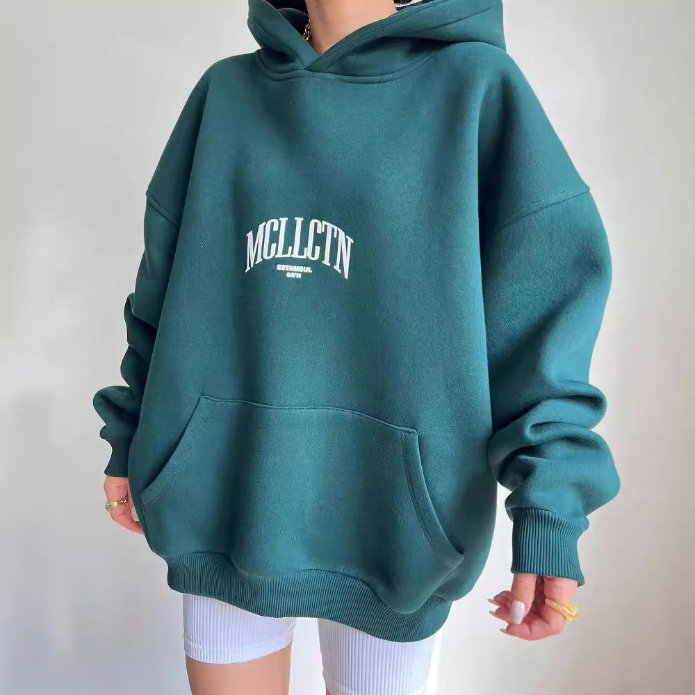 Damen Oversized Kapuzenpullover mit abstraktem Rückenprint und gerippten Bündchen Shop Nory