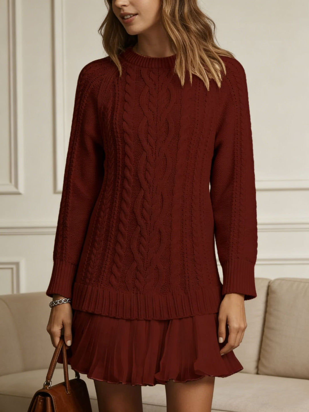 Damen Langer Zopfstrick-Pulloverkleid mit Rundhals Shop Nory