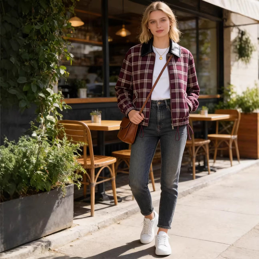 Damen Karierte Blousonjacke mit kontrastierendem Lederkragen und elastischem Saum Shop Nory