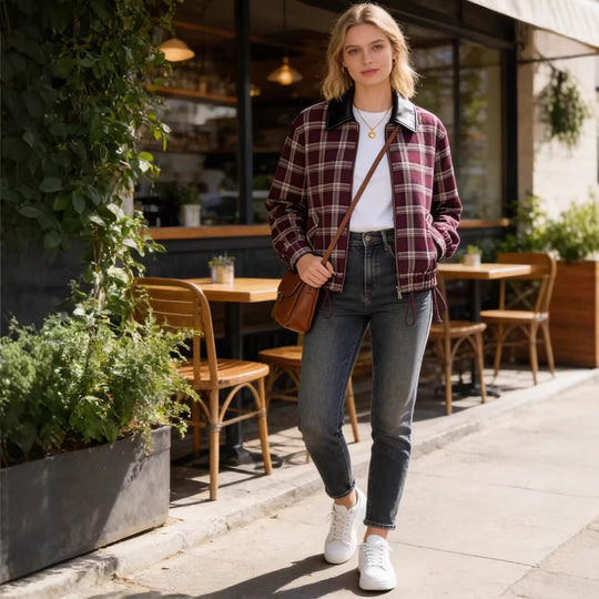 Damen Karierte Blousonjacke mit kontrastierendem Lederkragen und elastischem Saum Shop Nory