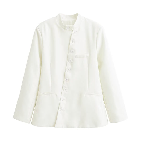 Damen Asymmetrisch geknöpfter Kurzblazer mit Stehkragen und Pattentaschen Shop Nory
