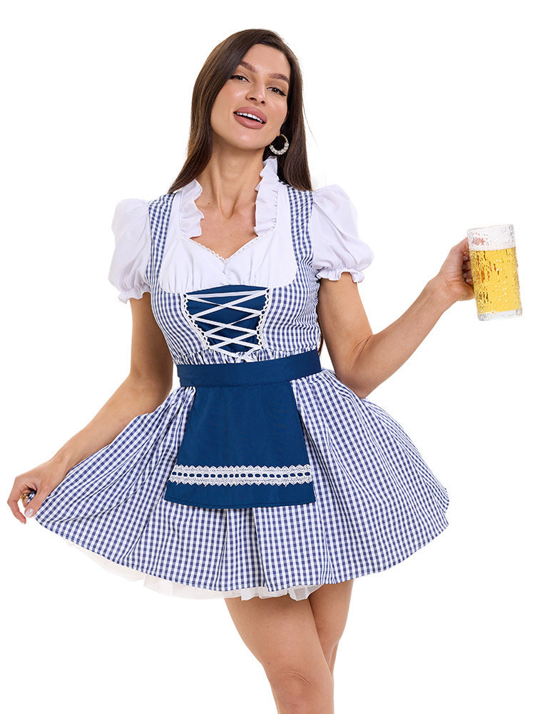 Damen nan kurzes kariertes Trachten Dirndl mit Schnürung Puffärmel und Schürze Shop Nory