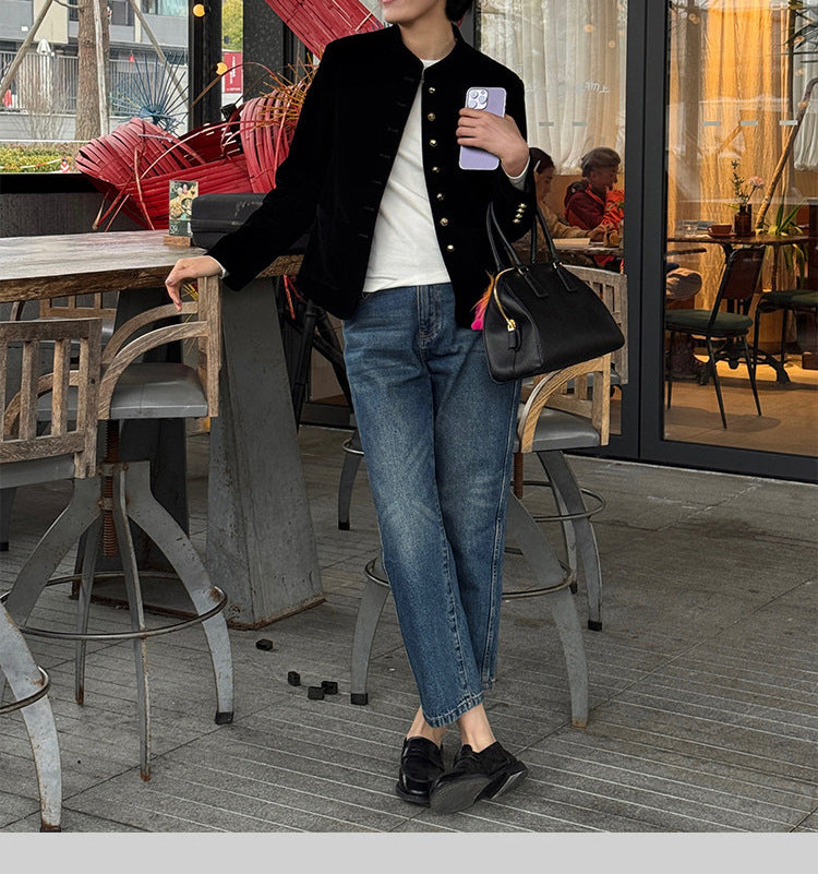 Damen Elegante Samtjacke mit Knopfleiste Shop Nory