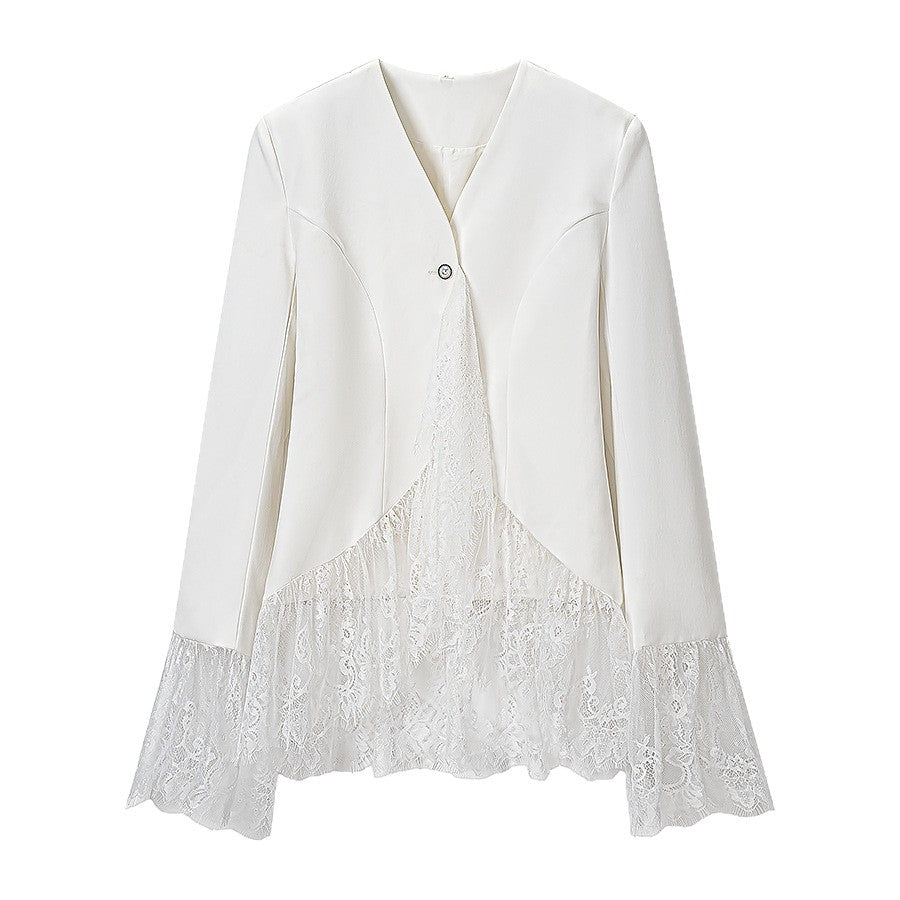 Damen Taillierte Blusenjacke mit Spitzenvolant und Glockenärmeln Shop Nory