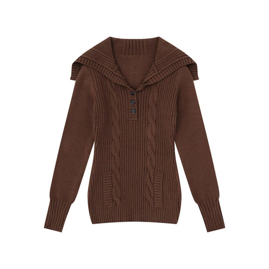 Damen Strickpullover mit Zopfmuster, Schalkragen und Knopfleiste Shop Nory