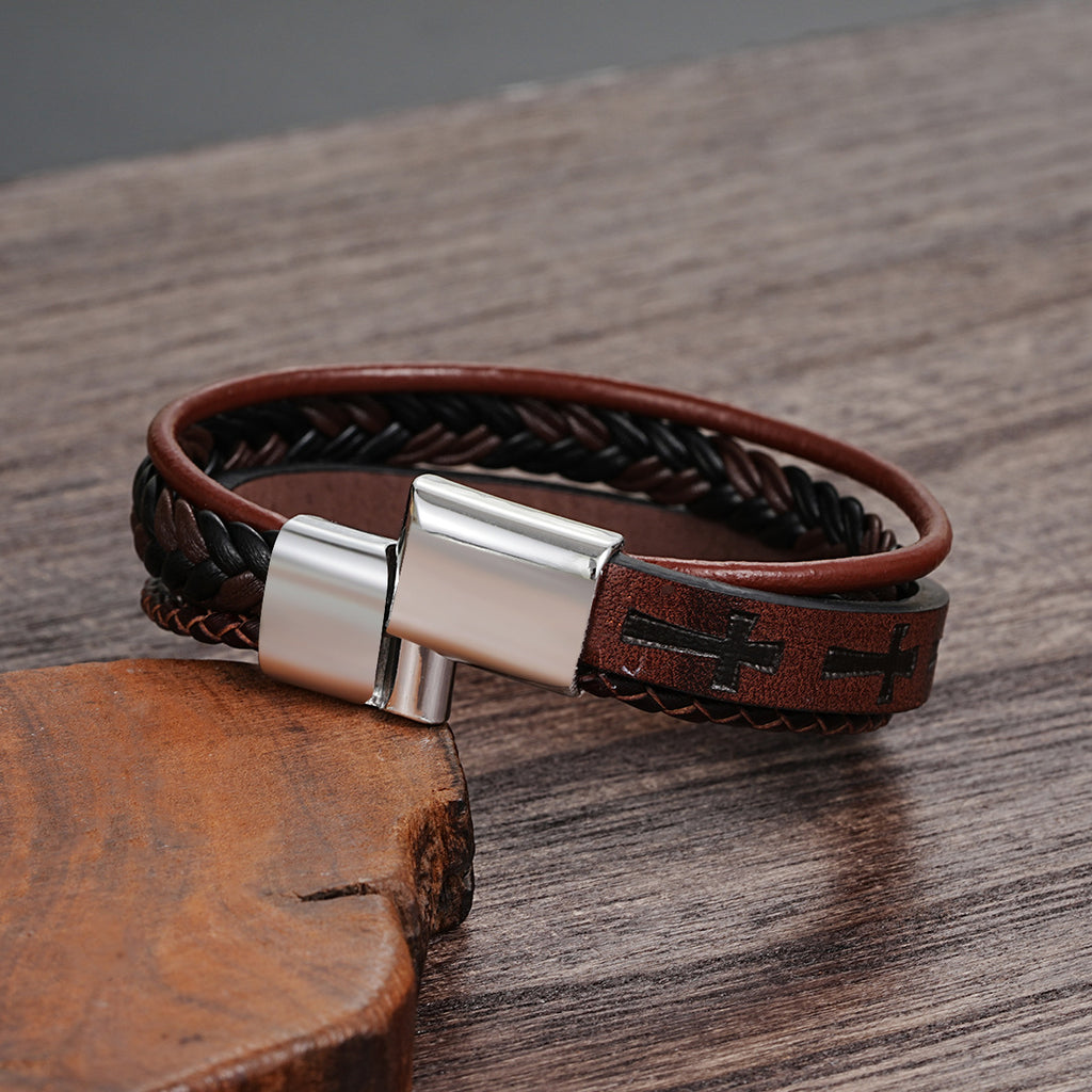 Damen multifunktionales Lederarmband mit geflochtenem Design und Kreuzsymbolen Shop Nory