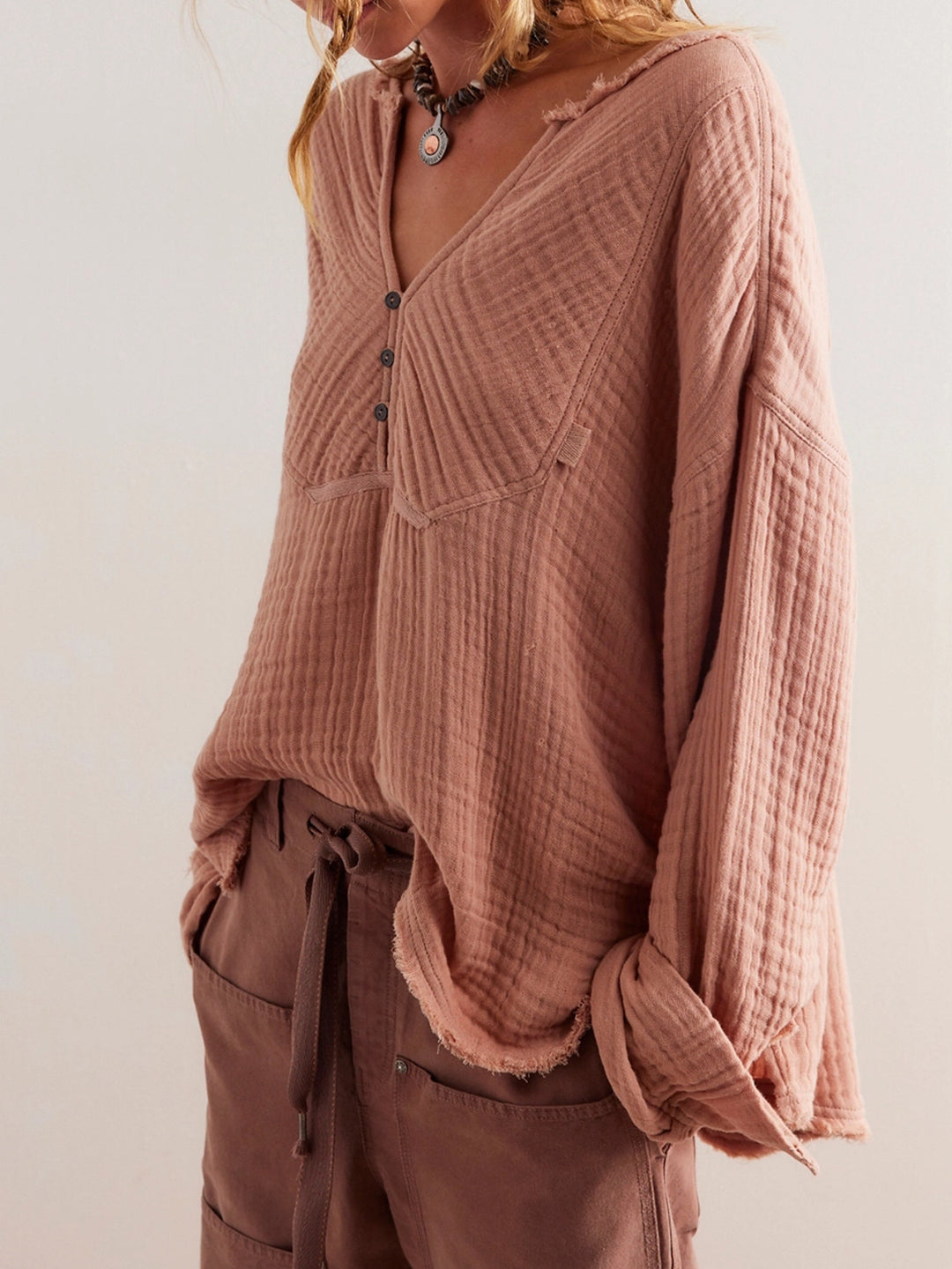 Damen Leichte Baumwoll-Gauze Bluse mit Henley-Ausschnitt Shop Nory
