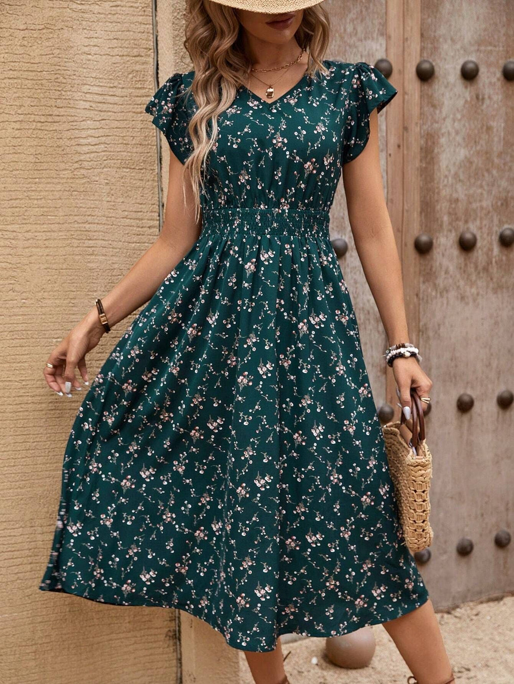 Damen Midikleid mit floralem Muster und Raffungen