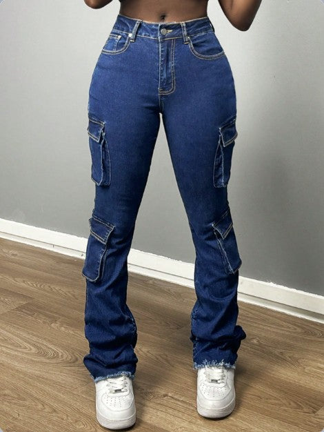 Damen Hochtaillierte Cargo-Jeans mit Mehrfach-Pattentaschen & ausgestelltem Saum Shop Nory