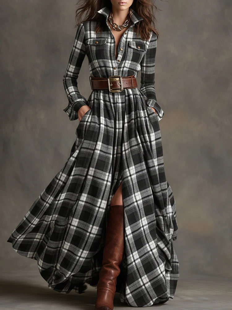 Damen Karierte Maxikleid mit Hemdbluse-Oberteil, Taillierter Bund und Eingrifftaschen Shop Nory