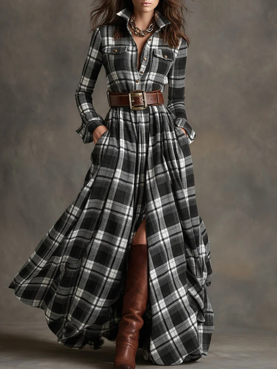 Damen Karierte Maxikleid mit Hemdbluse-Oberteil, Taillierter Bund und Eingrifftaschen Shop Nory
