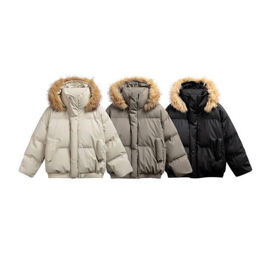 Damen Wattierte Kurzsteppjacke mit Kunstfellkapuze und geripptem Saum Shop Nory