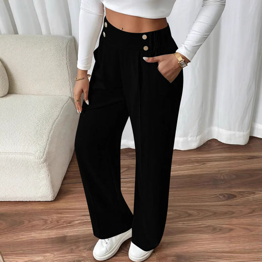 Damen Hochtaillierte Palazzo-Hose mit Zierknopfleiste, Bügelfalte und Eingrifftaschen Shop Nory