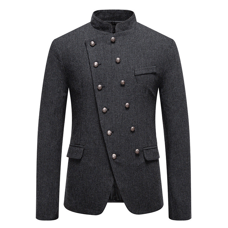 Herren Doppelreihiges Sakko im Military‑Stil mit Stehkragen und feiner Hahnentrittstruktur Shop Nory