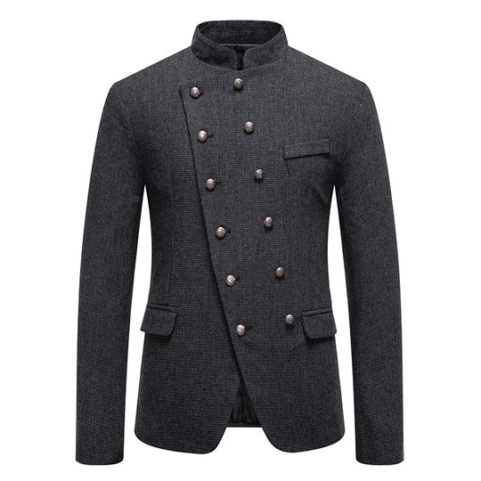 Herren Doppelreihiges Sakko im Military‑Stil mit Stehkragen und feiner Hahnentrittstruktur Shop Nory