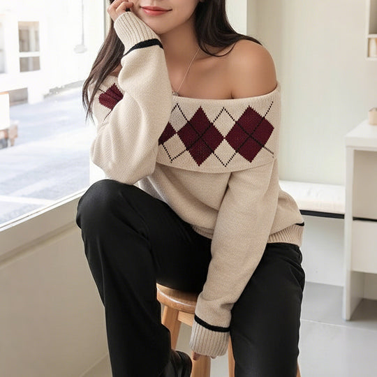 Damen Schulterfreier Strickpullover mit Rautenmuster und umgeschlagenem Kragen Shop Nory