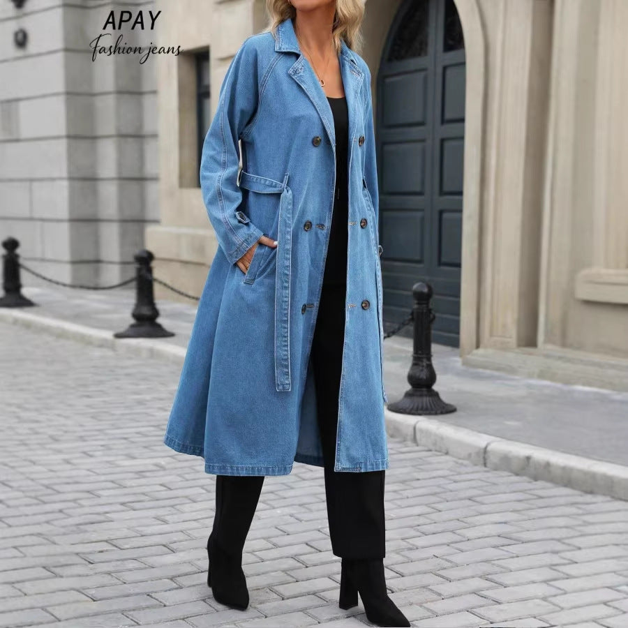 Damen Langer Denim-Trenchcoat mit Bindegürtel und Raglanärmeln Shop Nory