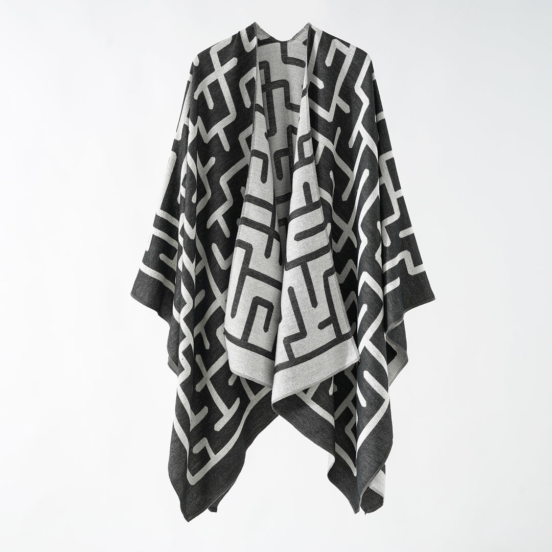 Damen Wendejacquard-Ruana mit grafischem Muster und asymmetrischem Saum Shop Nory