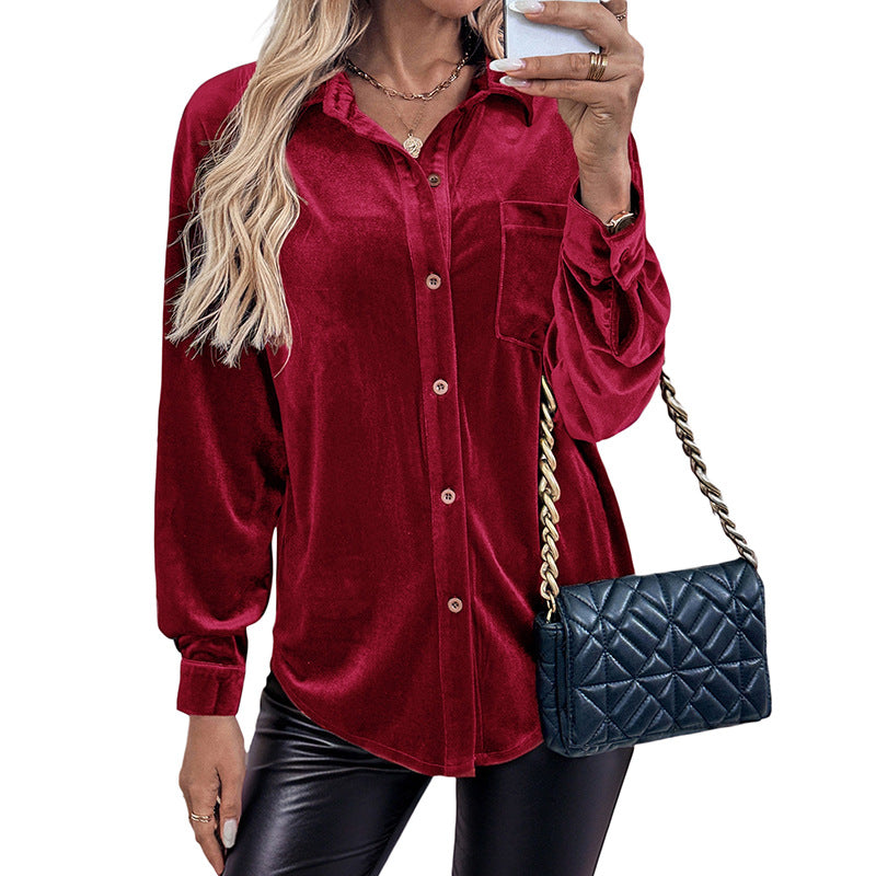Damen Samtbluse mit Brusttasche, legerer Hemdkragen und Knopfleiste Shop Nory