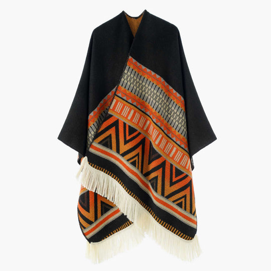 Damen Jacquard‑Ruana mit Fransen und folklorem Muster Shop Nory