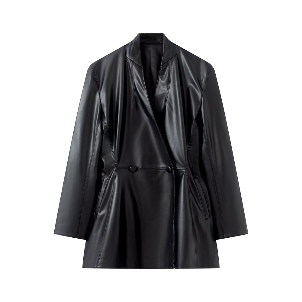 Damen Langer veganer Lederblazer mit Schalkragen, taillierter Doppelknopf-Optik und Eingrifftaschen Shop Nory