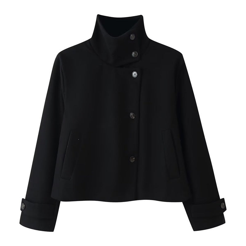 Damen kurze Boxy-Wolljacke mit Stehkragen und Manschetten Shop Nory