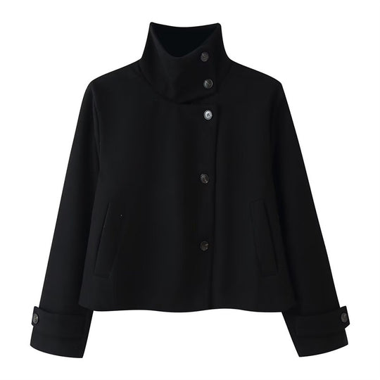 Damen kurze Boxy-Wolljacke mit Stehkragen und Manschetten Shop Nory